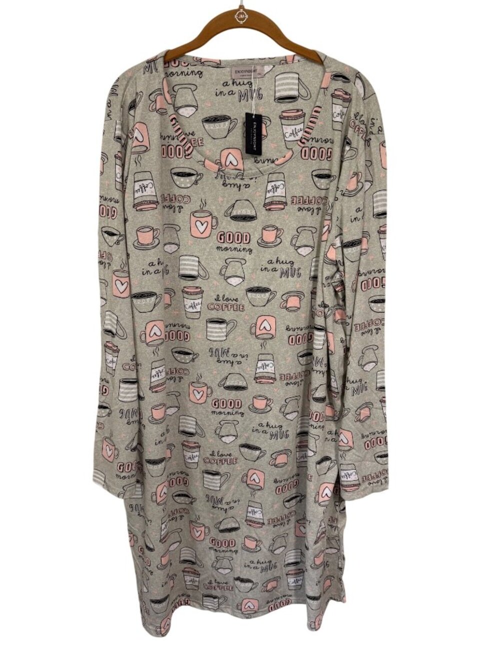 NWT EnjoyNight Nightgown Gray Pink Coffee Cup Design L/S Womans 3X